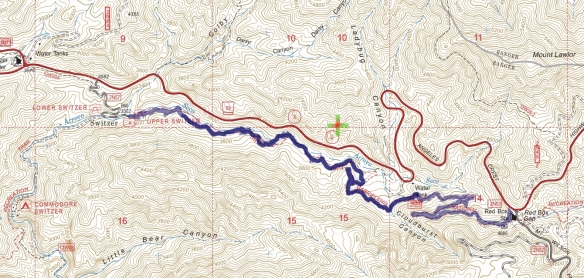 Track map for 2016 Hike #64 Red Box to the Upper Switzer Picnic Area. Backcountry Navigator (US Forest Service-2013 map) from my phone.