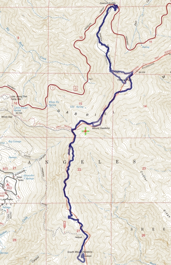 Track map for 2016 Hike #56 Dawson to South Hawkins-1601 using Backcountry Navigator (US Forest Service-2013 map) from my phone.