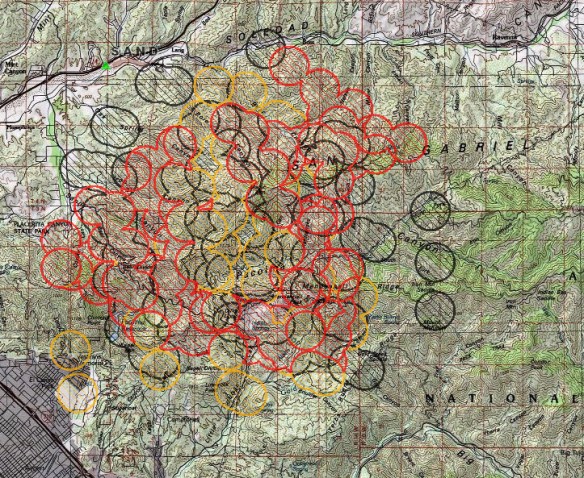 Sand Fire Map from the morning of 7-24-2016. Red is active burning. Yellow is last 12 hours. Black is last 24 hours.